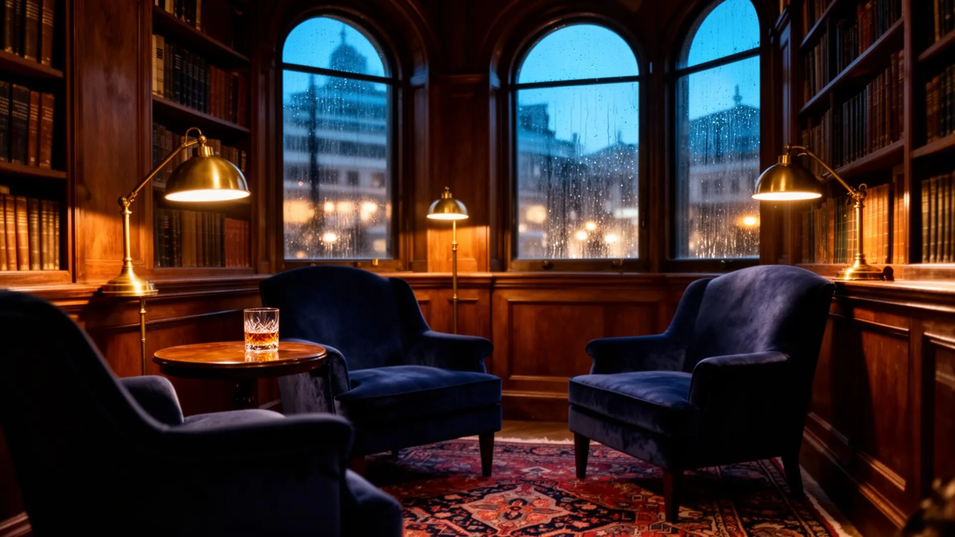 A private members club library at dusk