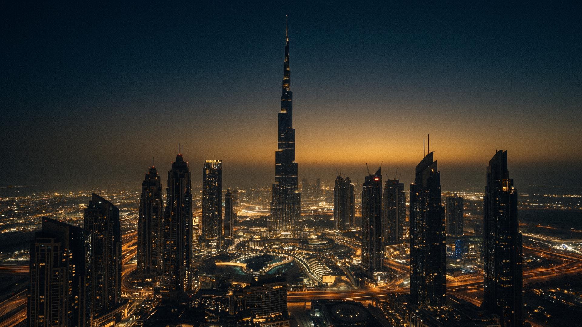 Dubai skyline at dusk with the Burj Khalifa silhouetted against a gold horizon
